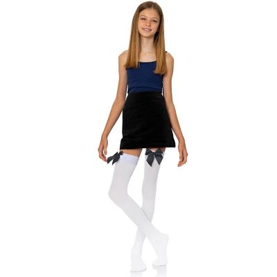 Skeleteen Bow Accent Thigh Highs - White Over the Knee High Stockings with Black Satin Ribbon Bow Accent for Women and Girls Image 3