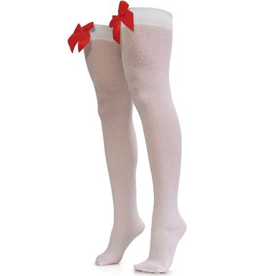 Skeleteen Bow Accent Thigh Highs - White Over the Knee High Stockings with Red Satin Ribbon Bow Accent for Women and Girls Image 1