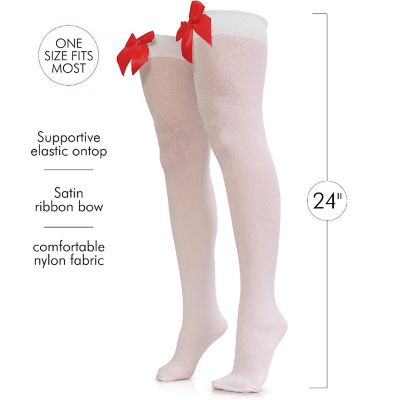 Skeleteen Bow Accent Thigh Highs - White Over the Knee High Stockings with Red Satin Ribbon Bow Accent for Women and Girls Image 1