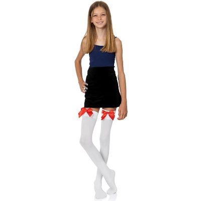 Skeleteen Bow Accent Thigh Highs - White Over the Knee High Stockings with Red Satin Ribbon Bow Accent for Women and Girls Image 3