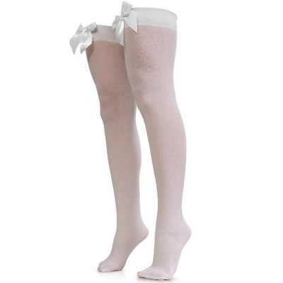 Skeleteen Bow Accent Thigh Highs - White Over the Knee High Stockings with White Satin Ribbon Bow Accent for Women and Girls Image 1