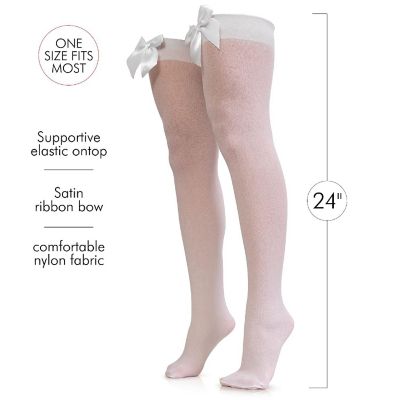 Skeleteen Bow Accent Thigh Highs - White Over the Knee High Stockings with White Satin Ribbon Bow Accent for Women and Girls Image 2
