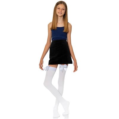 Skeleteen Bow Accent Thigh Highs - White Over the Knee High Stockings with White Satin Ribbon Bow Accent for Women and Girls Image 3