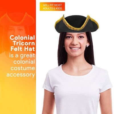 Skeleteen Colonial Black Tricorn Hat - Revolutionary War Costume Tricorner Deluxe Hat with Gold Trimming Image 2