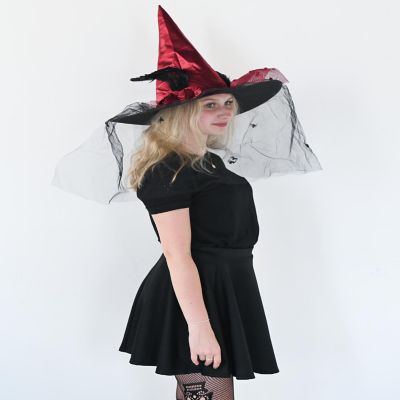 Skeleteen Deluxe Pointed Witch Hat - Glamorous Red Witches Accessories Fancy Satin Hat with Bow, Spiders and Black Feathers Image 1