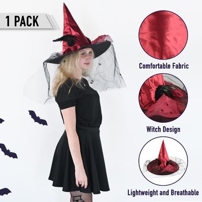 Skeleteen Deluxe Pointed Witch Hat - Glamorous Red Witches Accessories Fancy Satin Hat with Bow, Spiders and Black Feathers Image 3