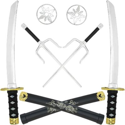 Skeleteen Ninja Weapons Toy Set - Fighting Warrior Weapon Costume Set with Katana Swords, Sai Daggers, and Shuriken Stars - 6 Pieces Image 1