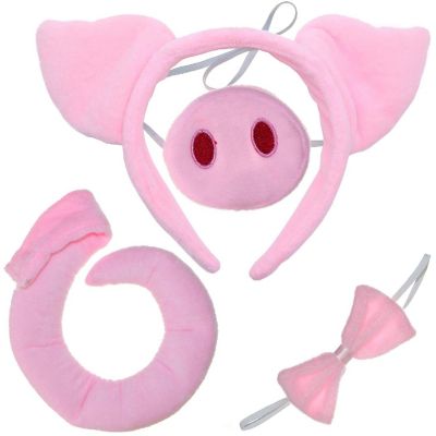Skeleteen Pig Costume Accessories Set - Fuzzy Pink Pig Ears Headband, Bowtie, Snout and Tail Accessory Kit for Piglet Costumes for Toddlers and Kids Image 1
