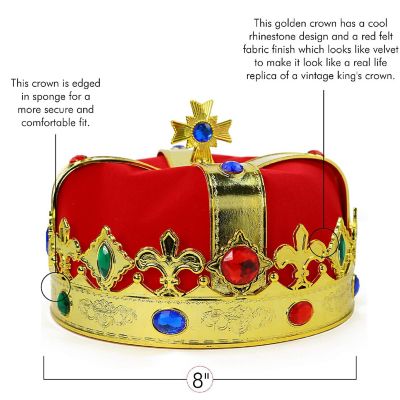 Skeleteen Regal Gold King Crown - Royal Red Felt Imperial Jeweled Mens and Womens Unisex Party Dress Up Accessory Crowns - 1 Piece Image 1