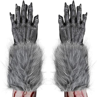 Skeleteen Werewolf Hand Costume Gloves - Grey Hairy Wolf Claw Hands Paws Monster Costume Accessories for Kids and Adults Image 1