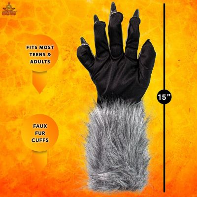 Skeleteen Werewolf Hand Costume Gloves - Grey Hairy Wolf Claw Hands Paws Monster Costume Accessories for Kids and Adults Image 3