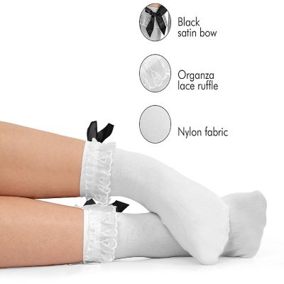 Skeleteen White Ruffled Anklet Socks - Frilly White Opaque Lace Ruffles Top Trim Bobby Sock With Black Satin Back Bow Image 2