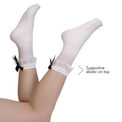 Skeleteen White Ruffled Anklet Socks - Frilly White Opaque Lace Ruffles Top Trim Bobby Sock With Black Satin Back Bow Image 3