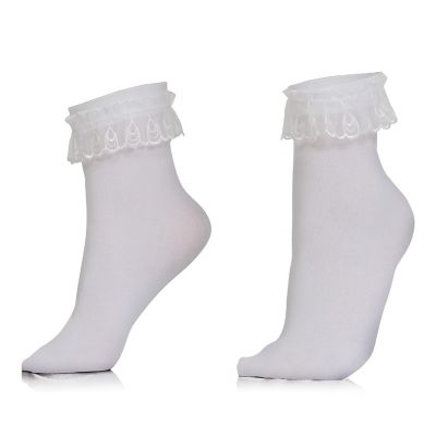Skeleteen White Ruffled Anklet Socks - Frilly White Opaque Lace Ruffles Top Trim Crew Sock Image 1