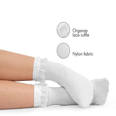 Skeleteen White Ruffled Anklet Socks - Frilly White Opaque Lace Ruffles Top Trim Crew Sock Image 2