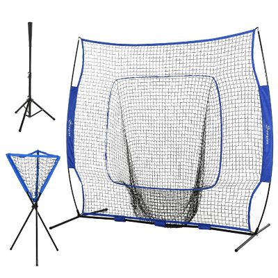 Soozier 7'x7' Baseball Practice Set w/ Catcher Net and Tee Stand for Pitching Fielding Practice Hitting Batting Backstop Blue Image 1