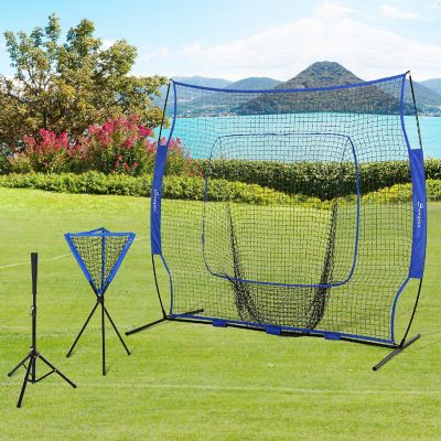 Soozier 7'x7' Baseball Practice Set w/ Catcher Net and Tee Stand for Pitching Fielding Practice Hitting Batting Backstop Blue Image 2