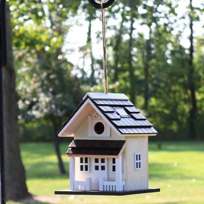 Sunnydaze 9.25" Cozy Home Wood Hanging Bird House with Solar Light Cream Image 1