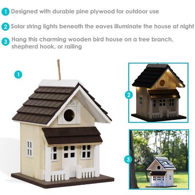 Sunnydaze 9.25" Cozy Home Wood Hanging Bird House with Solar Light Cream Image 3