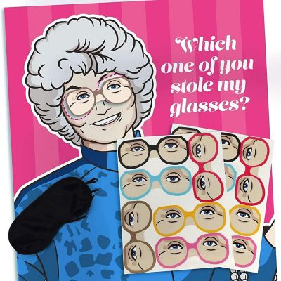 The Golden Girls Pin the Glasses on Sophia Party Game  Poster: 19.5" x 27.5", Includes 12 glasses (stickers) and one polyester blindfold. Image 2
