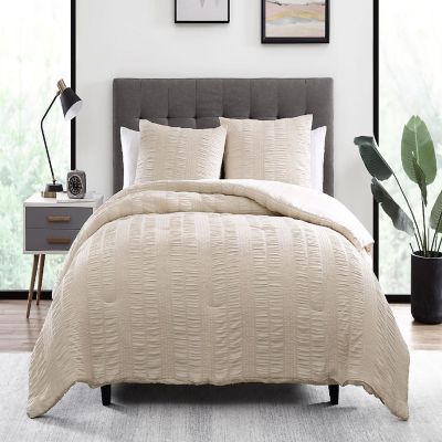 The Nesting Company Elm Stripe Seersucker Bedding Collection in King 3 Piece Comforter Set with 2 Pillow Shams in Taupe Image 1