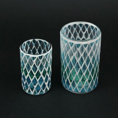 Things2Die4 Set of 2 Coastal Blue / Green Mosaic Glass Candle Holders Beach Decor Accent Image 1
