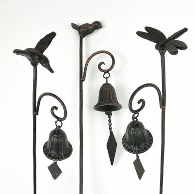 Things2Die4 Set of 3 Metal Humming Bird Butterfly Garden Stake Bell Outdoor Decor Yard Art Image 1