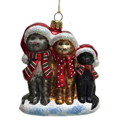 Three Cats Wearing Scarfs and Santa Hats Polish Glass Christmas Tree Ornament Image 1