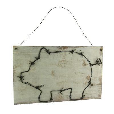 Timeless By Design Decorative Barbed Wired Pig On Rustic Wood Wall Hanging Image 1