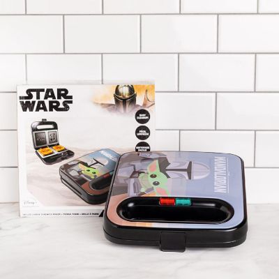 Uncanny Brands The Mandalorian Grilled Cheese Maker- Panini Press and Compact Indoor Grill- Baby Yoda and Mando Sandwich Image 1