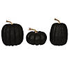 Vickerman 8" Black Pumpkins Assorted Set of 3. Three pieces assorted, sizes: 9"(W) x 8"(H),7.5"(W) x 8"(H), 6.25"(W) x 8"(H). Fabric pumpkin with styrofoam inner. Image 1
