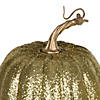 Vickerman 8" Gold Pumpkins Assorted Set of 3. Three pieces assorted, sizes: 9"(W) x 8"(H),7.5"(W) x 8"(H), 6.25"(W) x 8"(H). Fabric pumpkin with styrofoam inner. Image 1
