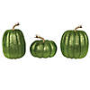 Vickerman 8" Lime Pumpkins Assorted Set of 3. Three pieces assorted, sizes: 9"(W) x 8"(H),7.5"(W) x 8"(H), 6.25"(W) x 8"(H). Fabric pumpkin with styrofoam inner. Image 1
