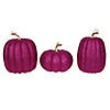 Vickerman 8" Pink Pumpkins Assorted Set of 3. Three pieces assorted, sizes: 9"(W) x 8"(H),7.5"(W) x 8"(H), 6.25"(W) x 8"(H). Fabric pumpkin with styrofoam inner. Image 1