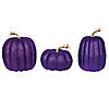 Vickerman 8" Purple Pumpkins Assorted Set of 3. Three pieces assorted, sizes: 9"(W) x 8"(H),7.5"(W) x 8"(H), 6.25"(W) x 8"(H). Fabric pumpkin with styrofoam inner. Image 1