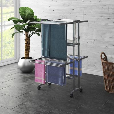 vidaXL 2-Tier Laundry Drying Rack with Wheels Silver 23.6"x27.6"x41.7" Image 1