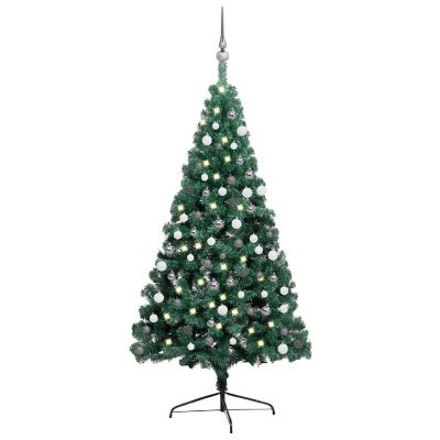 VidaXL 5' Green PVC/Steel/Plastic Artificial Half Christmas Tree with LED Lights & 61pc White/Gray Ornament Set Image 1