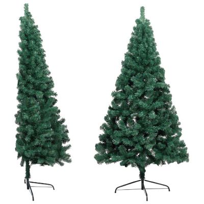 VidaXL 5' Green PVC/Steel/Plastic Artificial Half Christmas Tree with LED Lights & 61pc White/Gray Ornament Set Image 2