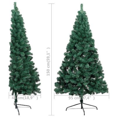 VidaXL 5' Green PVC/Steel/Plastic Artificial Half Christmas Tree with LED Lights & 61pc White/Gray Ornament Set Image 3
