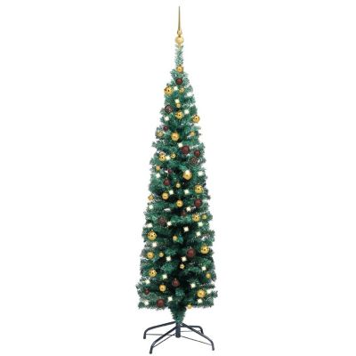 vidaXL 5' Green PVC/Steel/Plastic Slim Artificial Christmas Tree with 150pc LED Lights & 61pc Gold/Bronze Ornament Set Image 1
