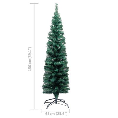 vidaXL 5' Green PVC/Steel/Plastic Slim Artificial Christmas Tree with 150pc LED Lights & 61pc Gold/Bronze Ornament Set Image 3