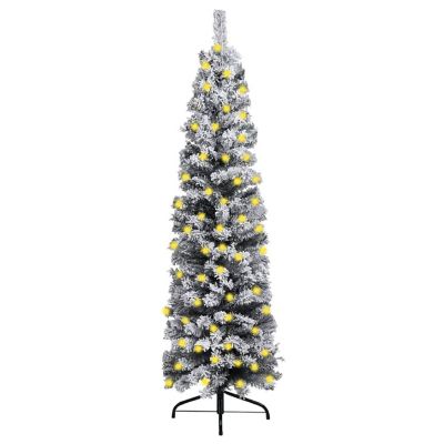 vidaXL 5' Green Slim Christmas Tree with LED Lights & Flocked Snow Image 1