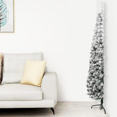 vidaXL 6' Green/White Slim Artificial Half Christmas Tree with Flocked Snow Image 1