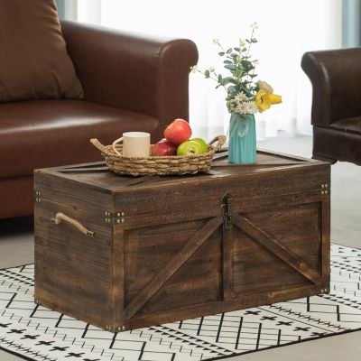 Vintiquewise Brown Large Wooden Lockable Trunk Farmhouse Style Rustic Design Lined Storage Chest with Rope Handles Image 1