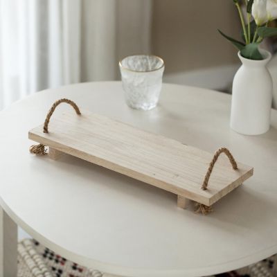 Vintiquewise Decorative Natural Wood Rectangular Tray Serving Board with Rope Handles Image 2
