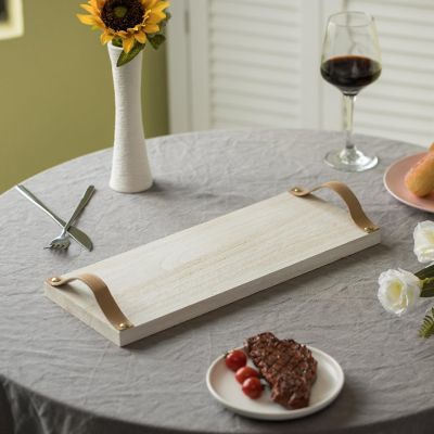 Vintiquewise Decorative Natural Wooden Rectangular Tray Serving Board with Brown Leather Handles Image 2