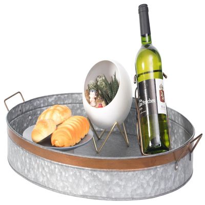 Vintiquewise Galvanized Metal Oval Rustic Serving Tray With Handles, Large Image 1