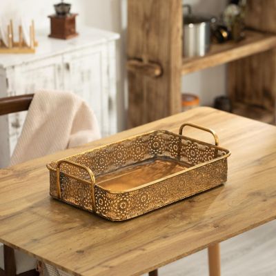 Vintiquewise Metal Gold Rectangular Serving Tray with Oval Design and Handles, Medium Image 2