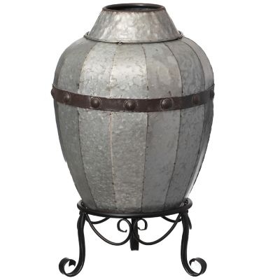 Vintiquewise Rustic Silver Galvanized Barrel Shape Planter and Vase with Metal Stand Image 2