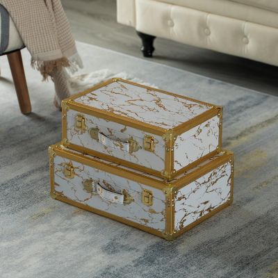 Vintiquewise Set of 2 Luxury Marble White and Gold Hand Luggage Suitcase for Decor Image 1
